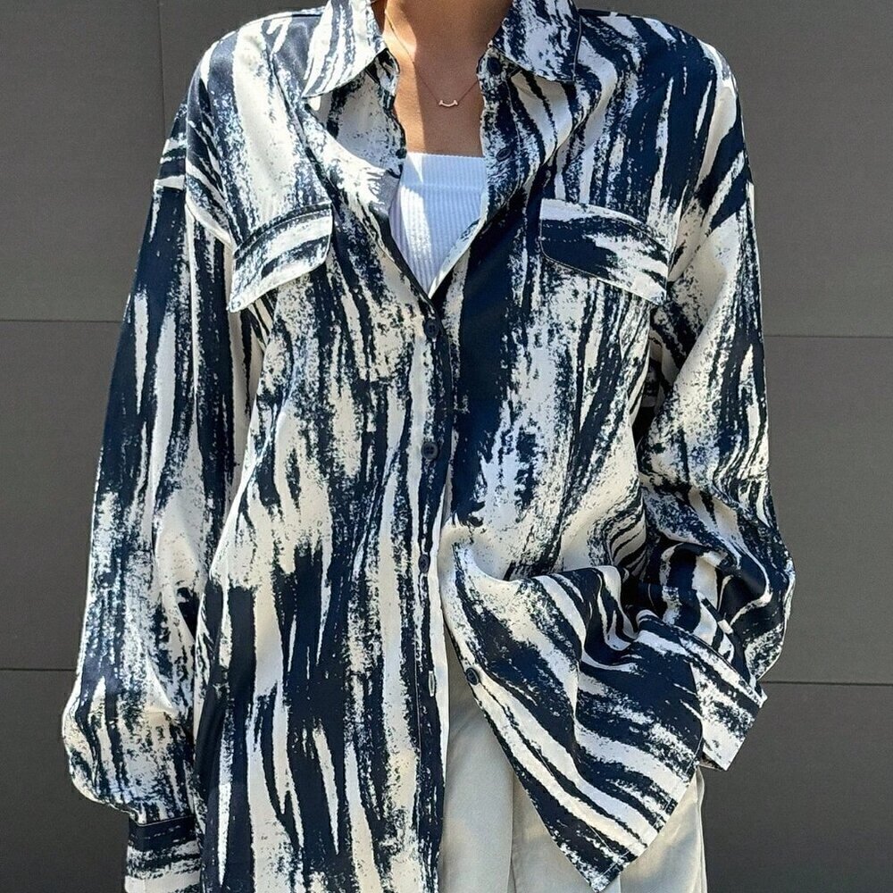Royal Blue Casual Women's Random Print Loose Long Sleeve Shirt - Picture 8 of 8